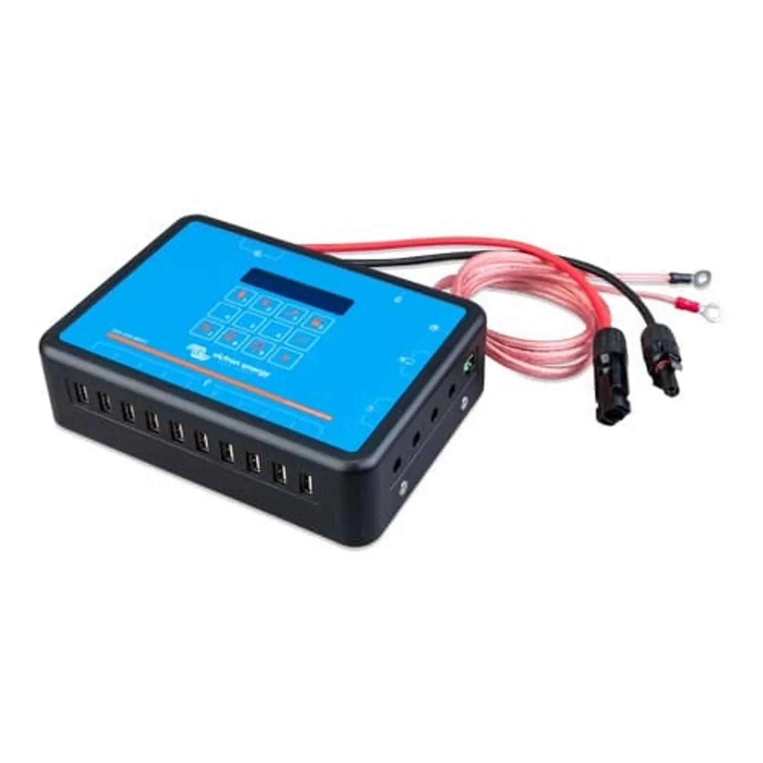 Blue and black solar charge controller with touchscreen display, USB ports, and red and black MC4 connector cables attached.