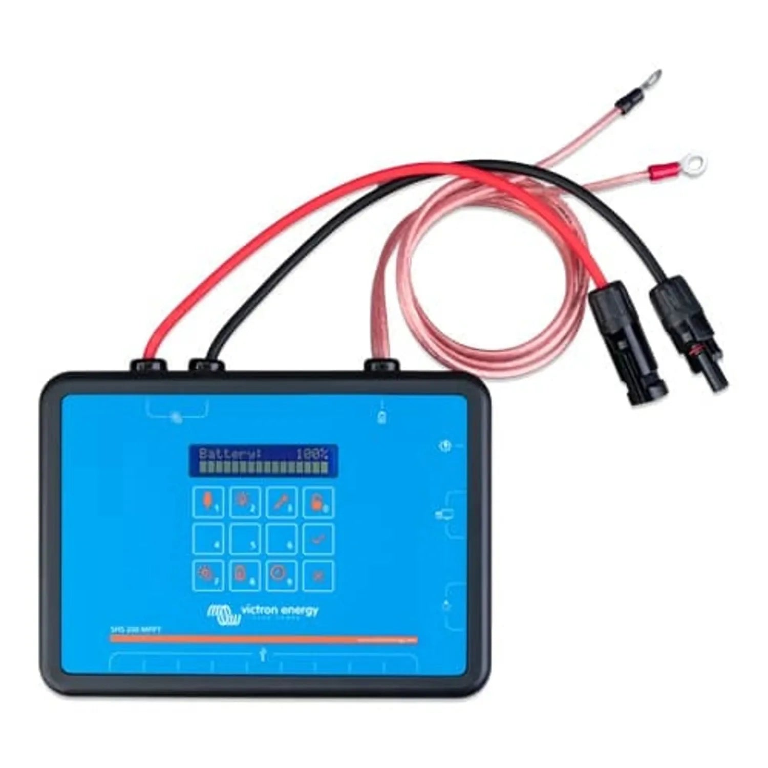 Victron Energy solar controller with blue display screen showing battery status at 100%, connected to red and black cable lea