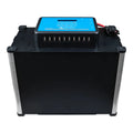 Blue and black battery enclosure with digital display and ten USB ports, front view product shot.