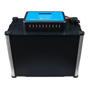 Blue and black battery enclosure with digital display and ten USB ports, front view product shot.
