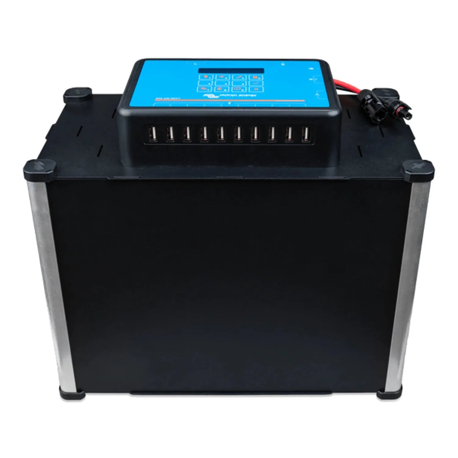 Blue and black battery enclosure with digital display and ten USB ports, front view product shot.