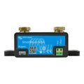 Victron SmartShunt 300A battery monitor with blue display panel, brass terminals, green terminal block, and QR code.