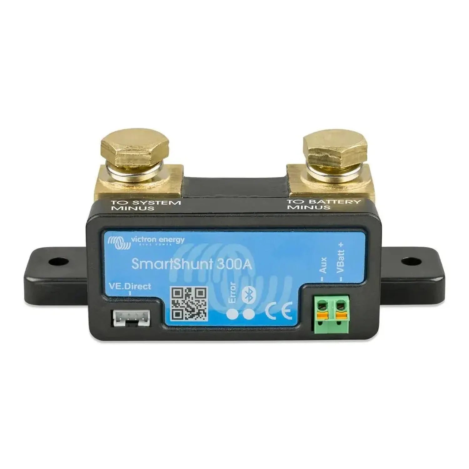 Victron Energy SmartShunt 300A battery monitor with blue display screen, brass terminals, and green connector block, product 