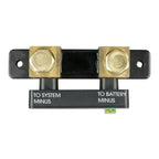 Victron SmartShunt battery monitor with brass terminals labeled "to system minus" and "to battery minus" on black base.