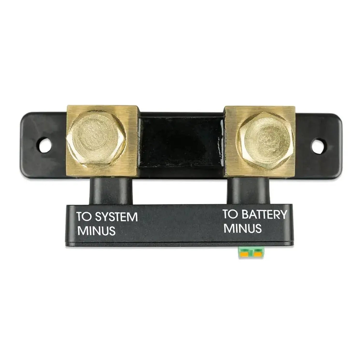 Victron SmartShunt battery monitor with brass terminals labeled "to system minus" and "to battery minus" on black base.
