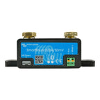 Victron SmartShunt 500A/50mV battery monitor with brass terminals, blue label, QR code, and green terminal block connector.