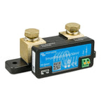 Victron SmartShunt 500A/50mV battery monitor with brass terminals and black housing mounted on bracket.
