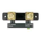 Victron SmartShunt battery monitor showing brass connection terminals labeled "TO SYSTEM MINUS" and "TO BATTERY MINUS" with m