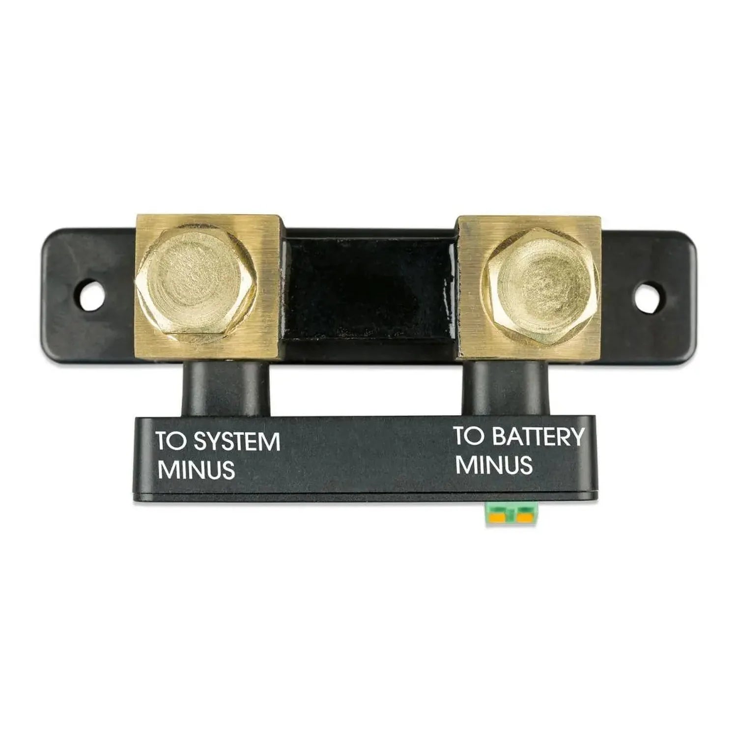 Victron SmartShunt battery monitor showing brass connection terminals labeled "TO SYSTEM MINUS" and "TO BATTERY MINUS" with m