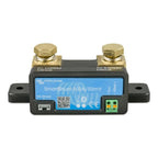 Victron Energy SmartShunt 500A/50mV battery monitor with blue display screen, brass terminals, and green connection ports on 