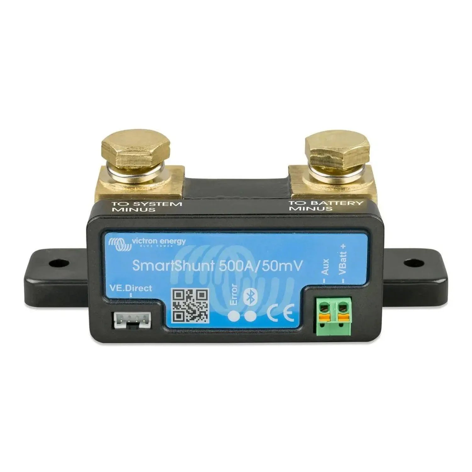 Victron Energy SmartShunt 500A/50mV battery monitor with blue display screen, brass terminals, and green connection ports on 