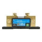 Victron SmartShunt 1000A battery monitor with brass terminals and blue display panel mounted on black base.