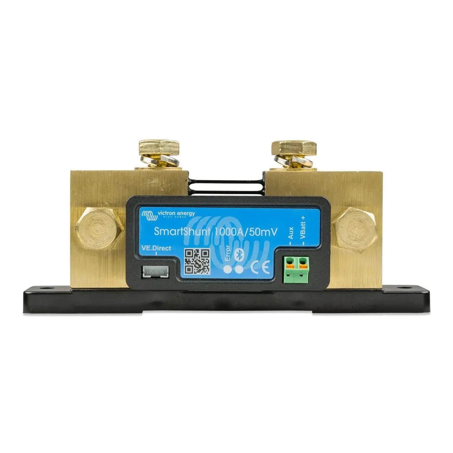 Victron SmartShunt 1000A battery monitor with brass terminals and blue display panel mounted on black base.