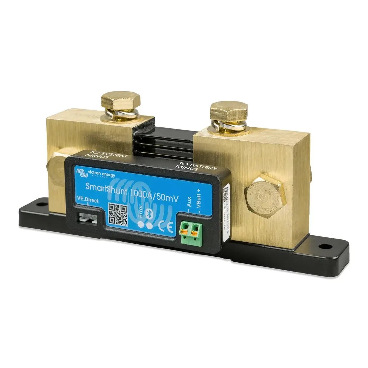 Victron SmartShunt 1000A/50mV battery monitor with brass terminals and blue control module mounted on black base.