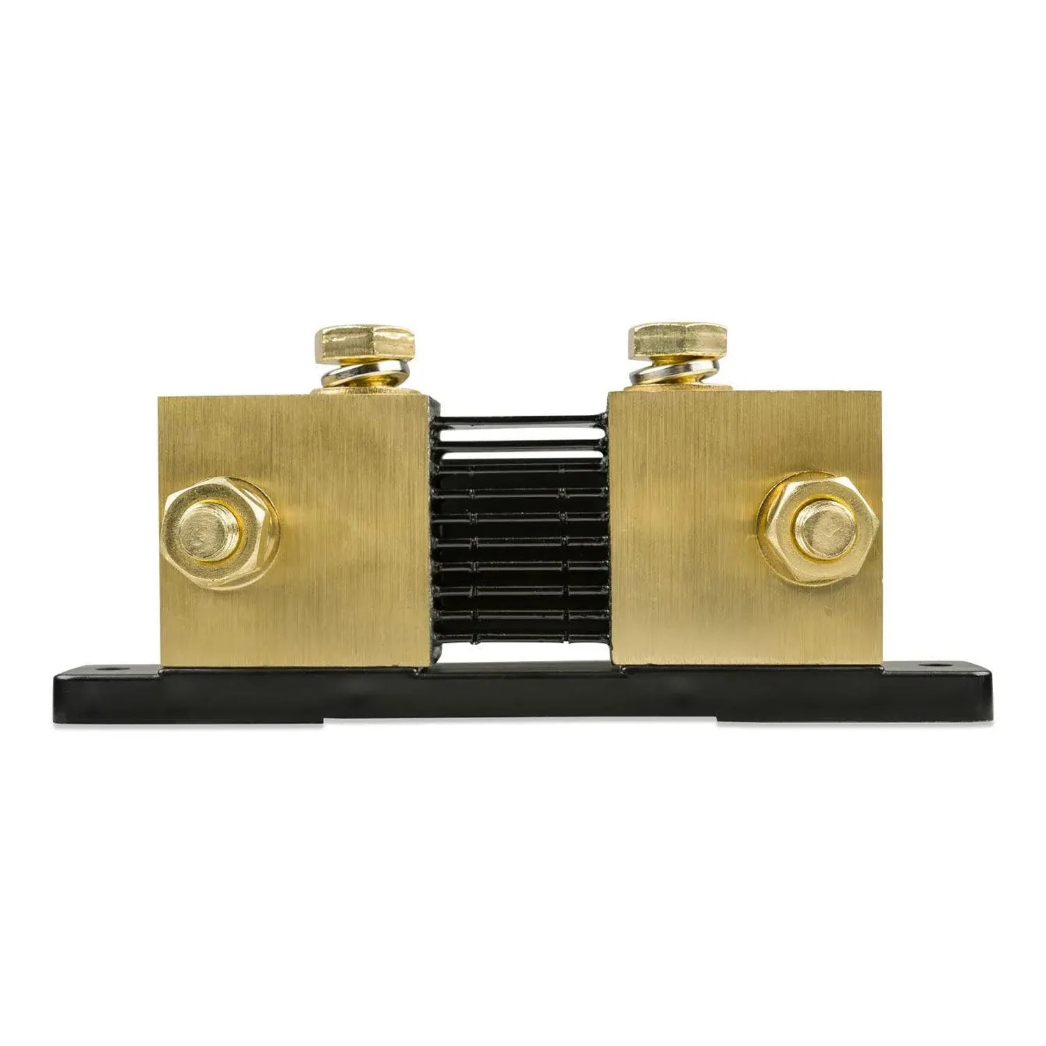 Victron SmartShunt 1000A battery monitor with brass terminals and black heat sink, mounted on black base, front view.