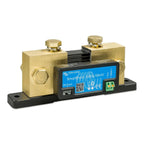 Victron SmartShunt 1000A battery monitor with brass terminals and blue display panel mounted on black base, product shot.