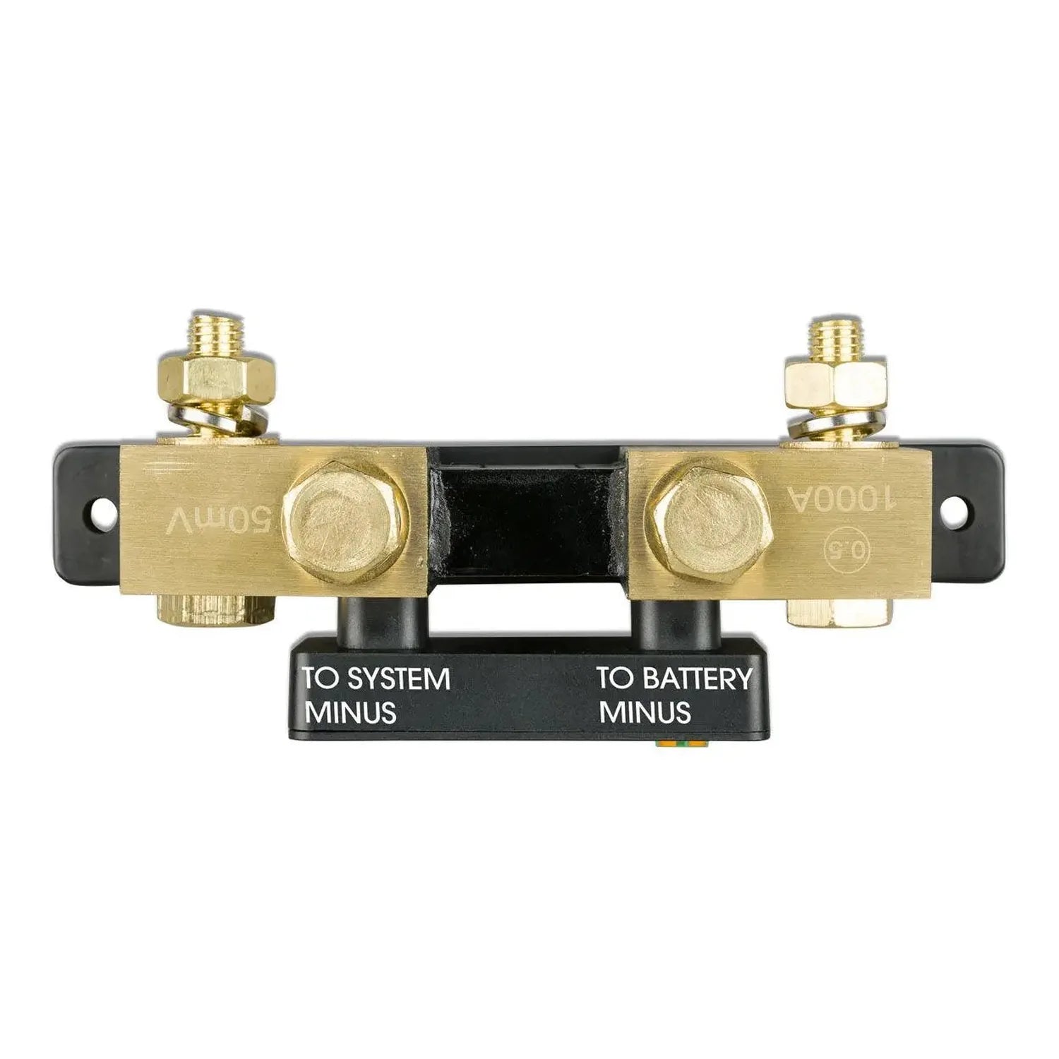 Brass and black battery shunt with two terminal posts labeled "To System Minus" and "To Battery Minus" for electrical connect