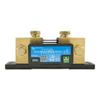 Victron SmartShunt 200A/50mV battery monitor with brass terminals, blue digital display, and green terminal block, mounted on