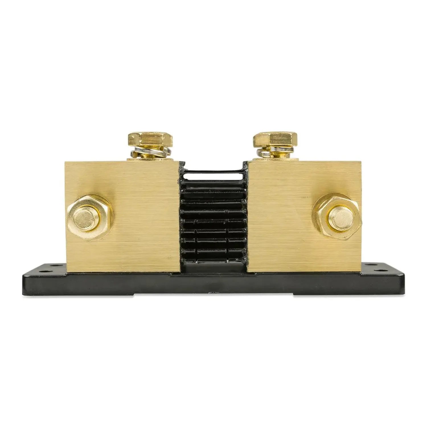 Brass and black metal battery monitor shunt with two large circular connection points and adjustment bolts mounted on black b