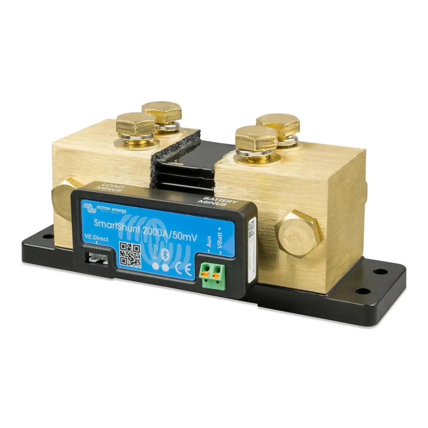 Victron SmartShunt 2000A battery monitor with blue digital display, brass terminals, and black base mounting plate.