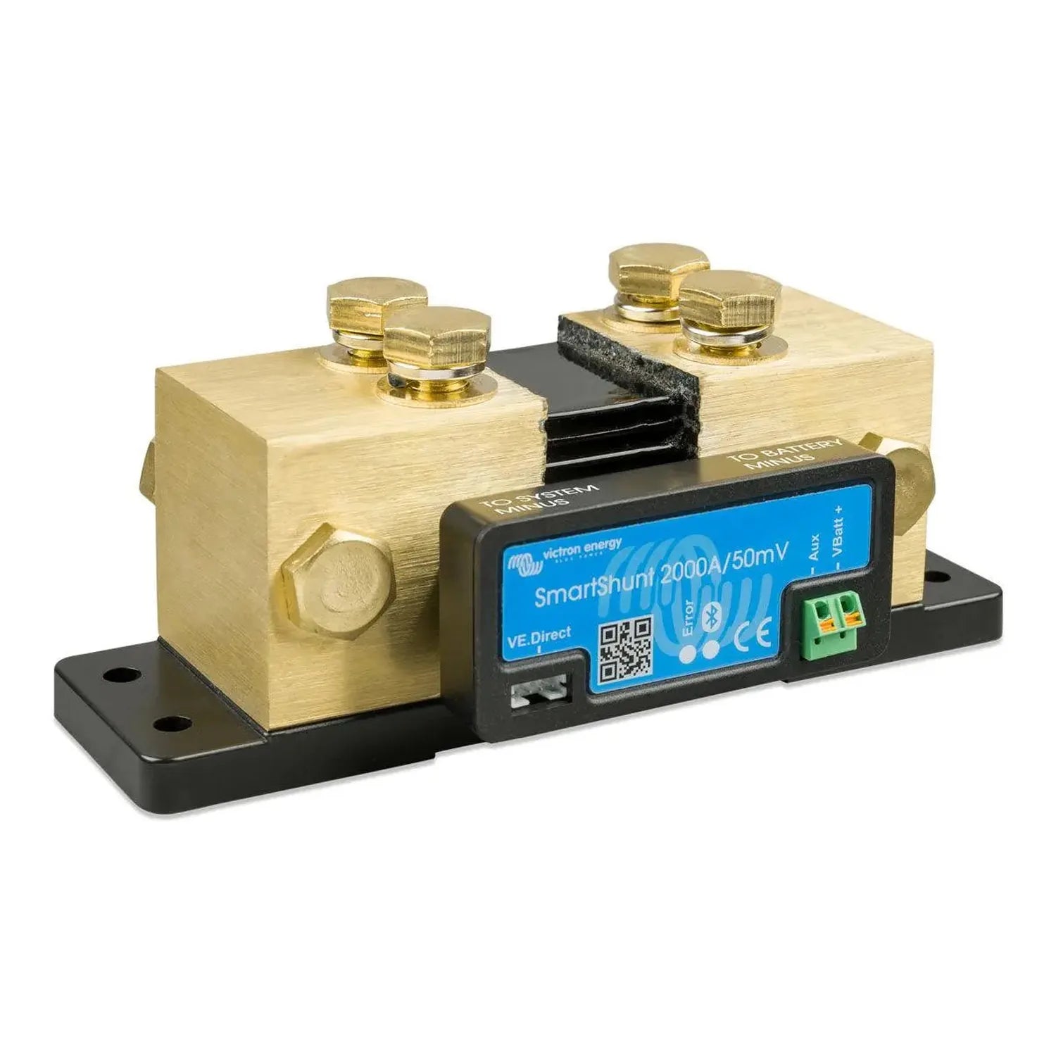 Victron SmartShunt 2000A/50mV battery monitor with brass terminals and blue display label mounted on black base plate.