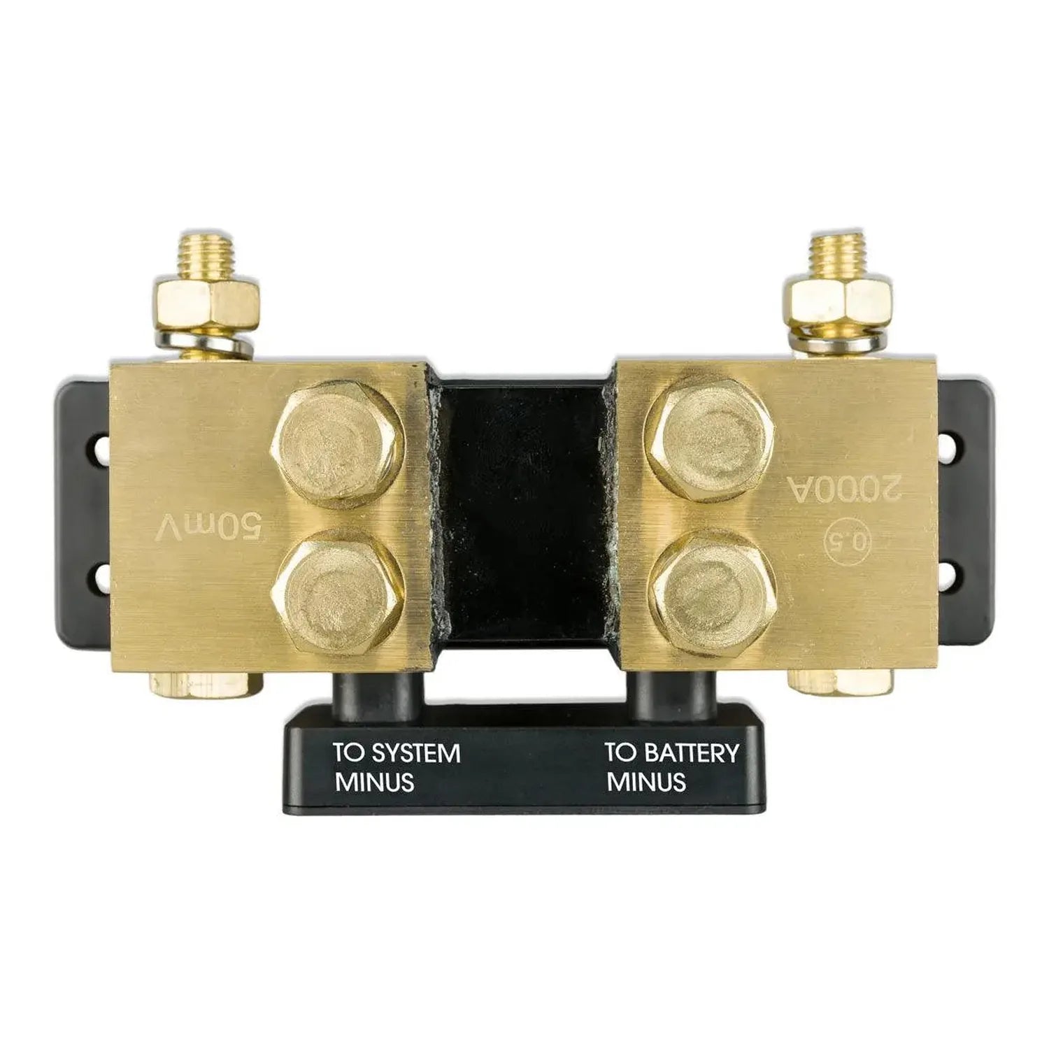 Brass battery shunt with dual terminals labeled "TO SYSTEM MINUS" and "TO BATTERY MINUS" on black base plate, front view.