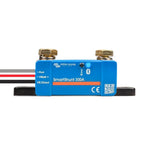 Victron Energy SmartShunt 300A battery monitor with blue casing, brass terminals, and attached wires for auxiliary, battery p