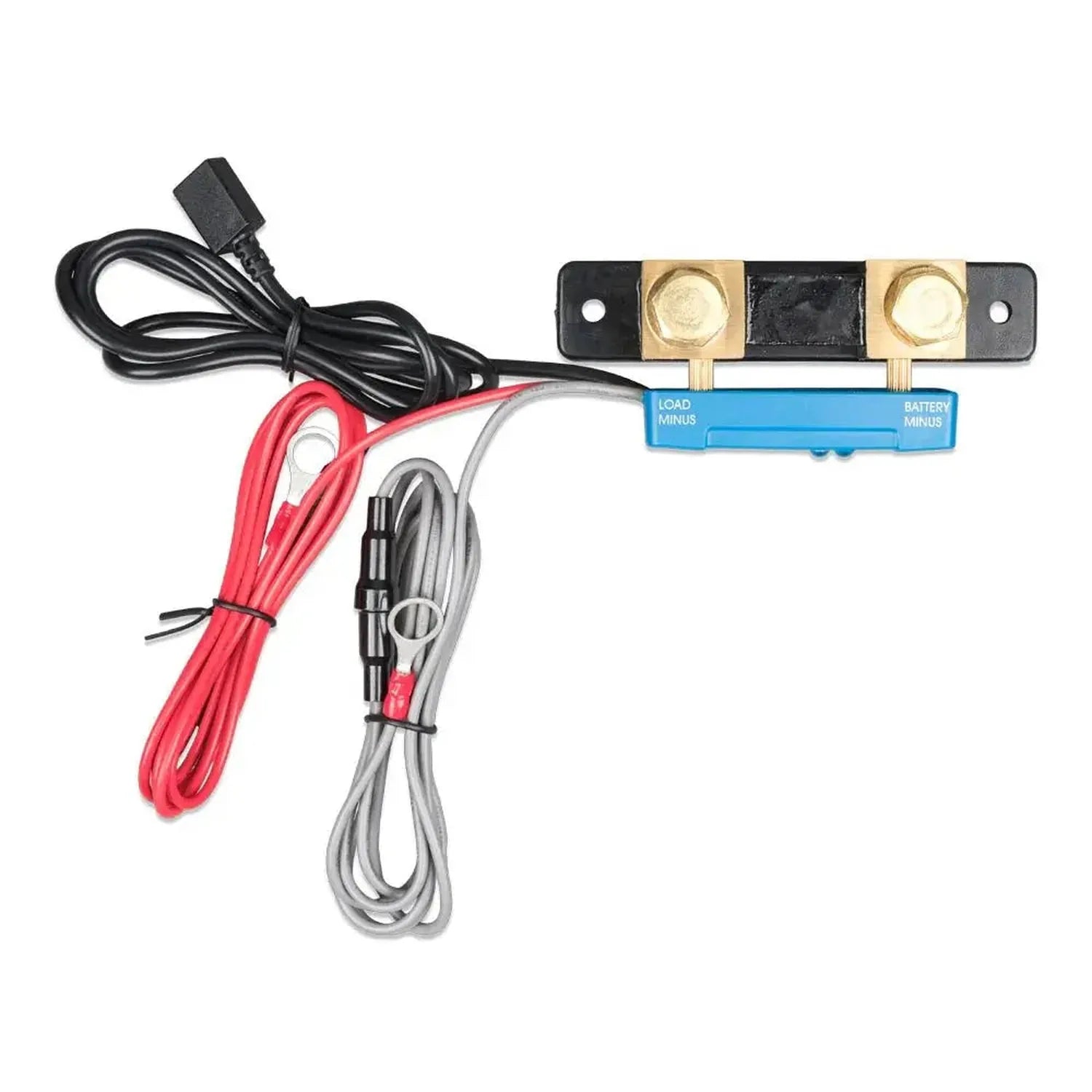 Victron SmartShunt battery monitor with shunt bar, red and gray cables, black power cord, and blue load/battery terminal bloc