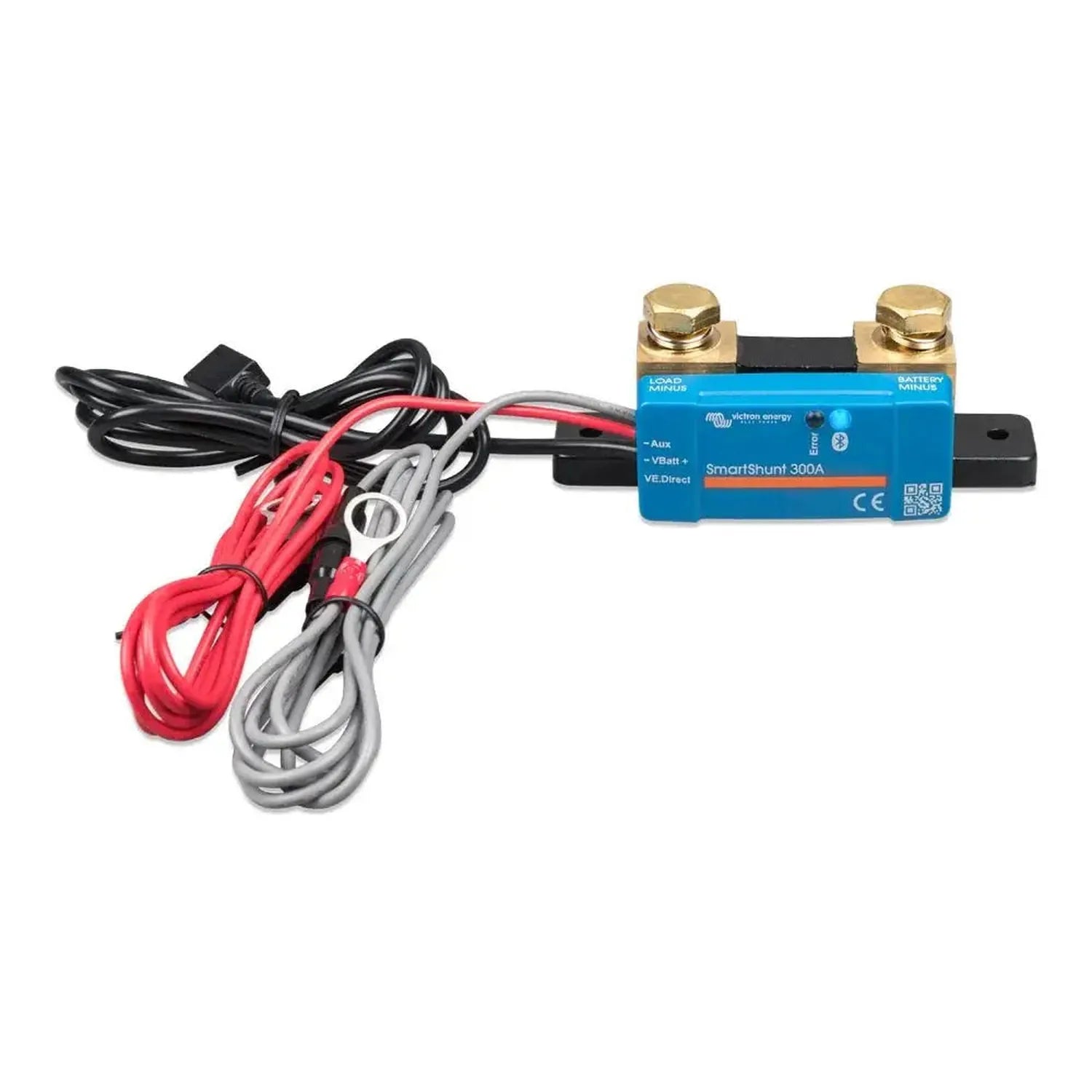 Victron SmartShunt 300A battery monitor with brass terminals, red and gray battery cables, and black power cord against white