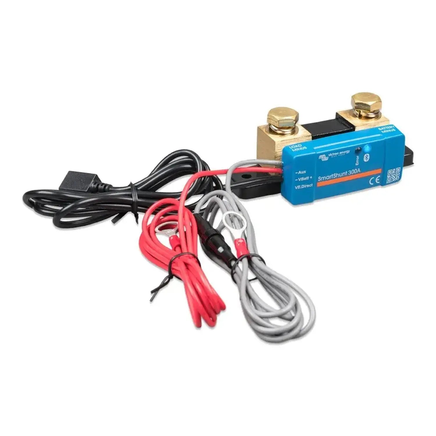 Victron SmartShunt 300A battery monitor with brass terminals, blue casing, and red, white, and black cable leads on white bac
