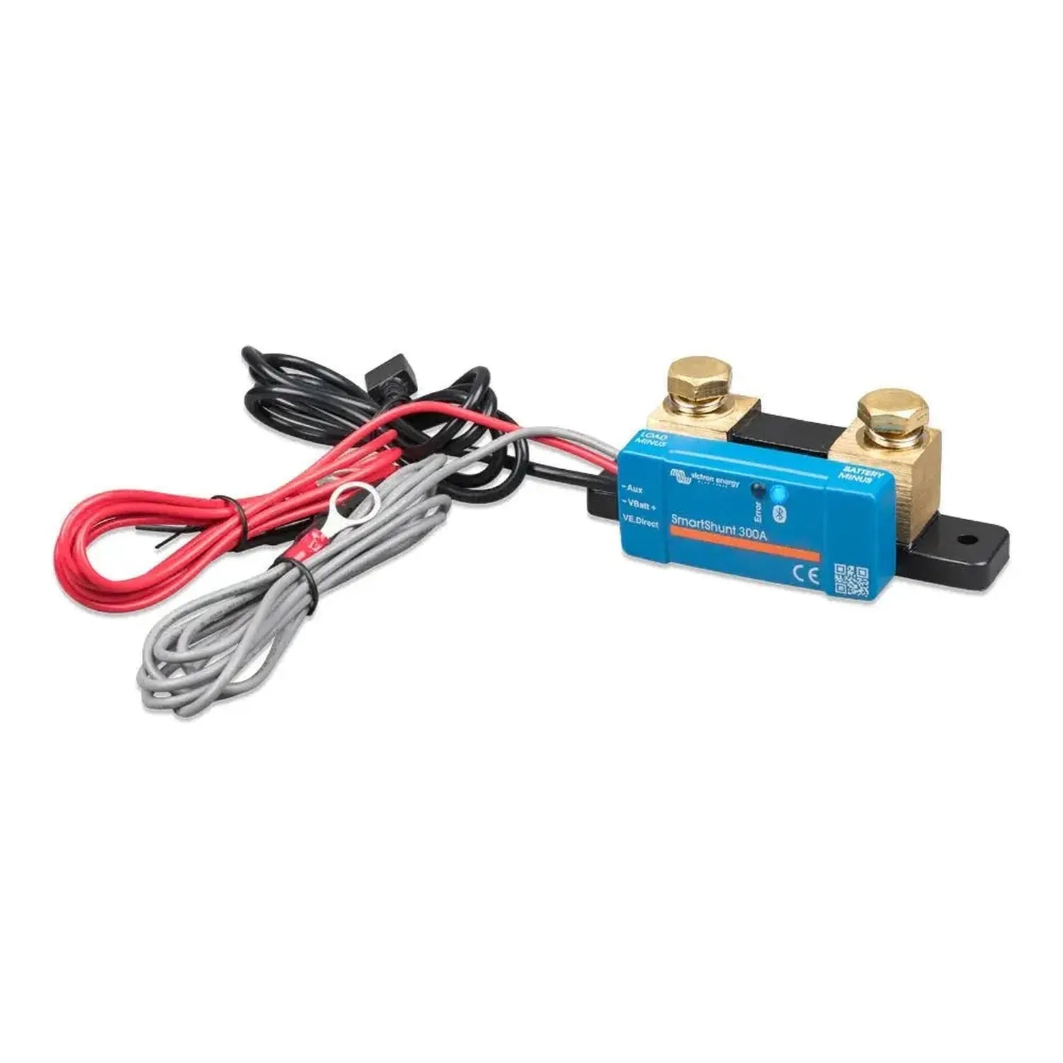 Victron SmartShunt 300A battery monitor with red and gray cables, brass terminals, and power cord against white background.