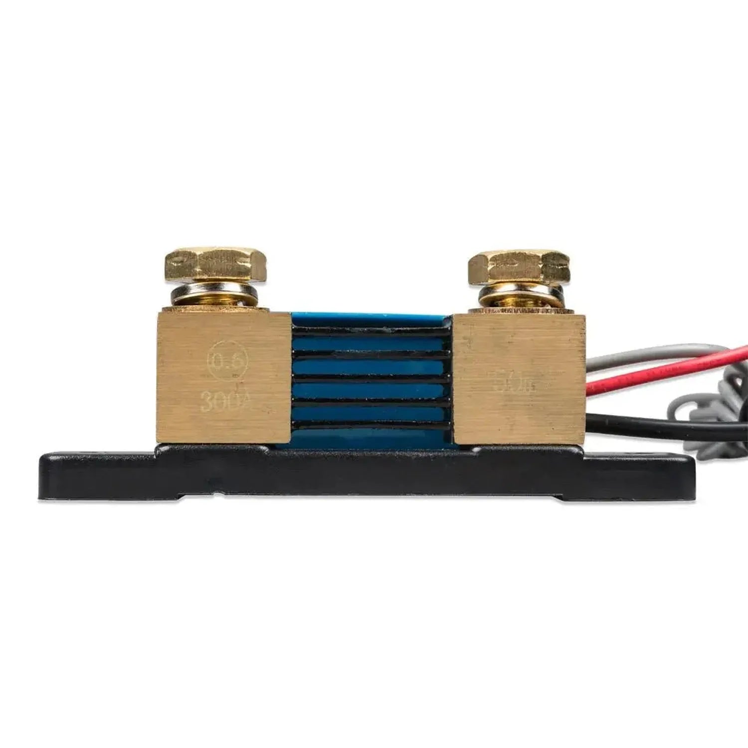 Brass shunt with blue resistor element mounted on black base, connected to red, black, and gray wires.