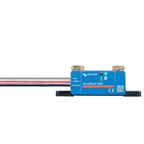 Victron SmartShunt 300A battery monitor with blue housing, brass terminals, and attached color-coded wires against white back