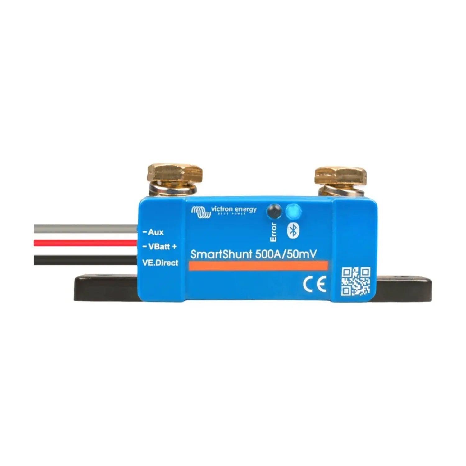 Victron SmartShunt 500A/50mV battery monitor, blue rectangular device with brass terminals and three color-coded wires, front
