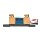 Victron SmartShunt 500A battery monitor with brass terminals, blue heatsink, and red and black wires attached to black base p