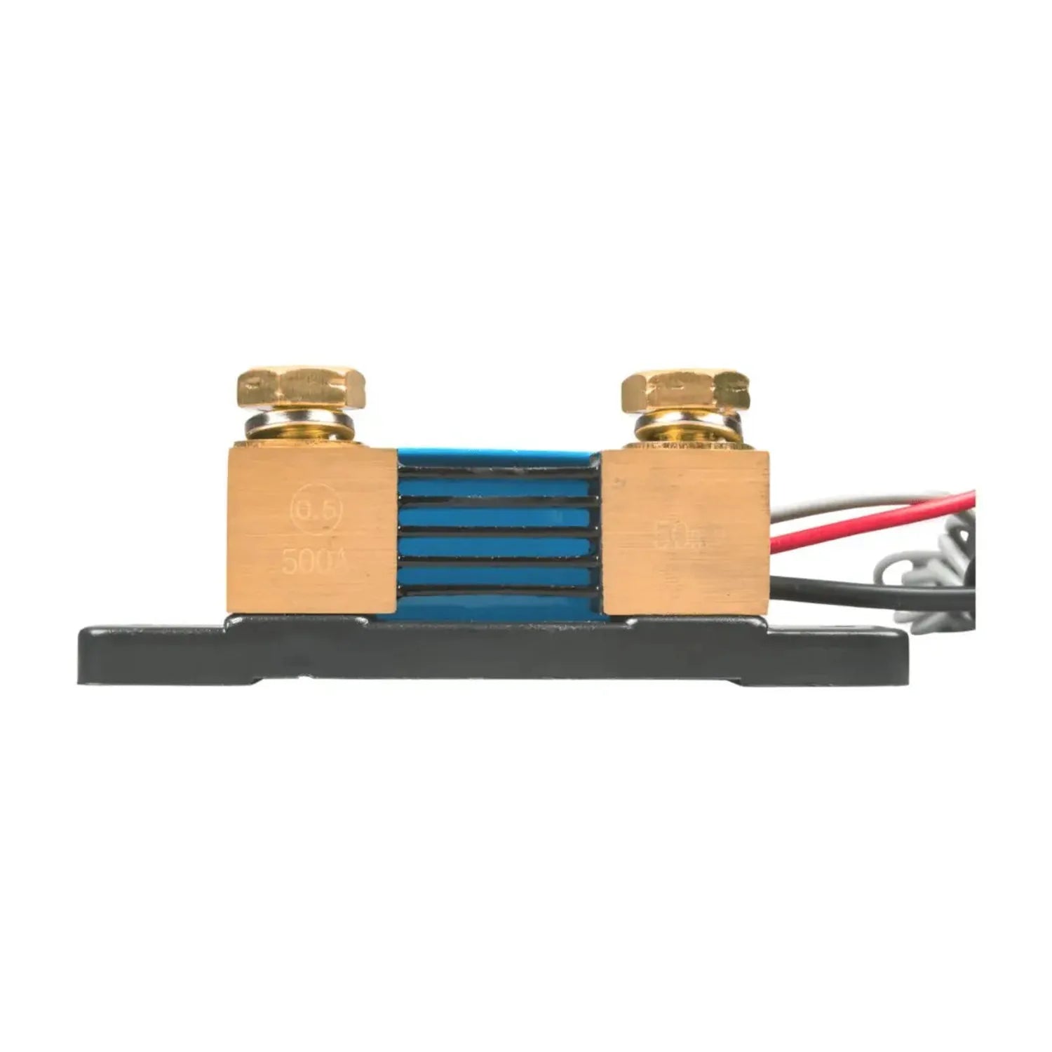 Victron SmartShunt 500A battery monitor with brass terminals, blue heatsink, and red and black wires attached to black base p