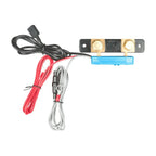 Victron SmartShunt battery monitor with shunt assembly, red and gray battery cables, and black power cord on white background