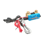 Victron SmartShunt battery monitor with brass terminals, blue casing, and red and white cable leads on white background.