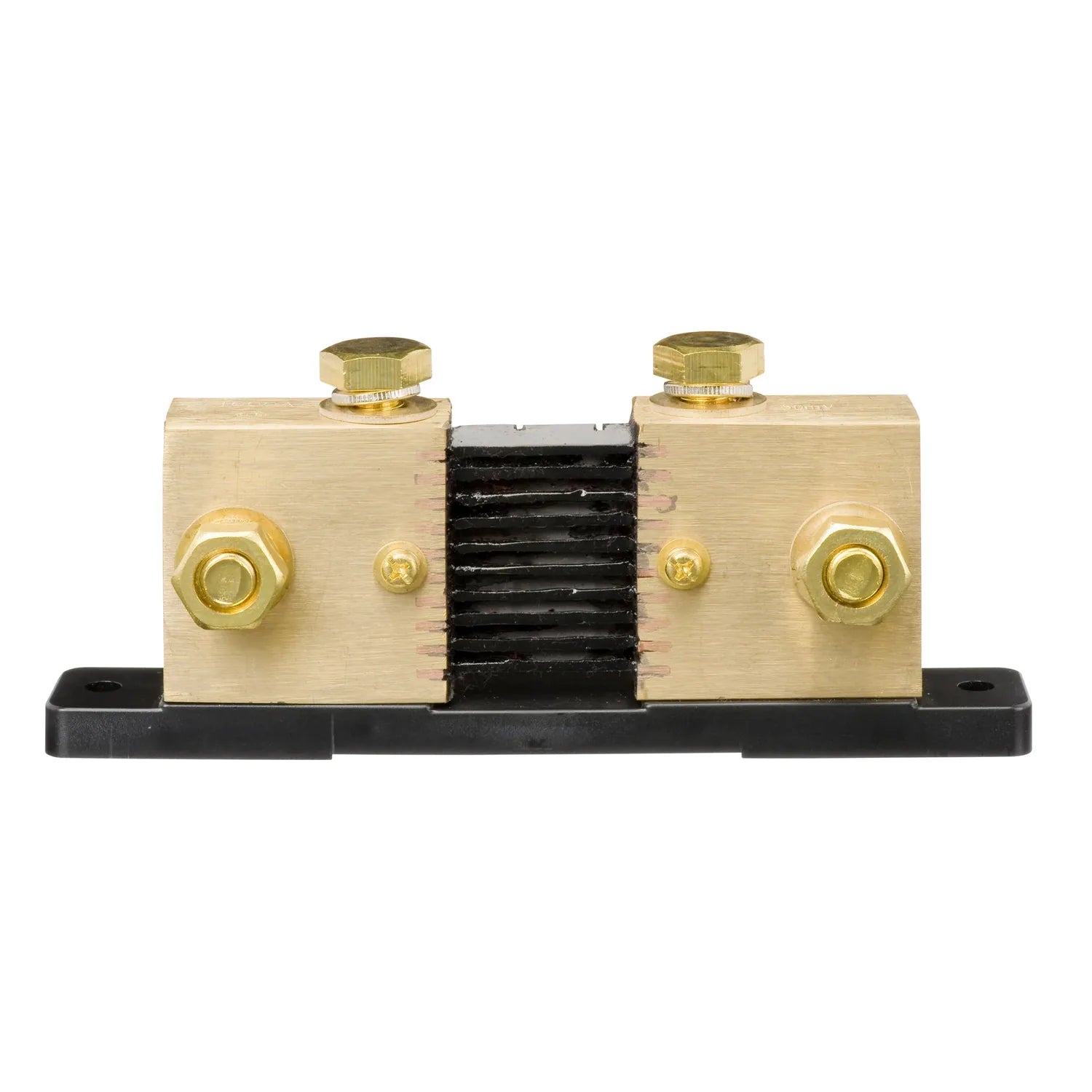 Brass shunt with two large hexagonal terminals and adjustment screws mounted on black base, front view product shot.