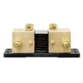 Brass shunt resistor with two large terminals on a black base, featuring a central black heat sink element and mounting hardw