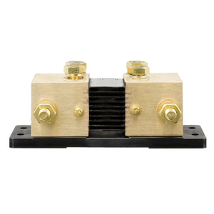 Brass shunt resistor with two large terminals on a black base, featuring a central black heat sink element and mounting hardw