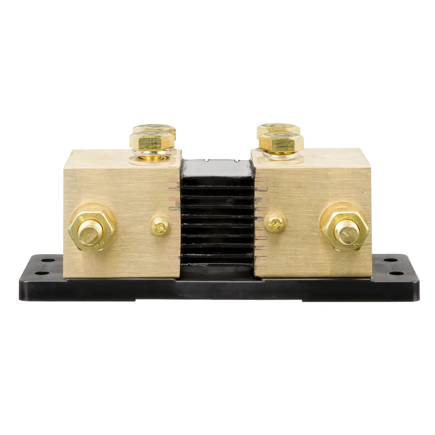 Brass shunt resistor with two large terminals on a black base, featuring a central black heat sink element and mounting hardw