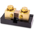 Victron 500A battery shunt with two brass terminal blocks mounted on black base, front product view.