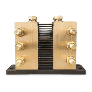 Victron 6000A shunt with brass terminals and black center core mounted on black base, front view product photo.