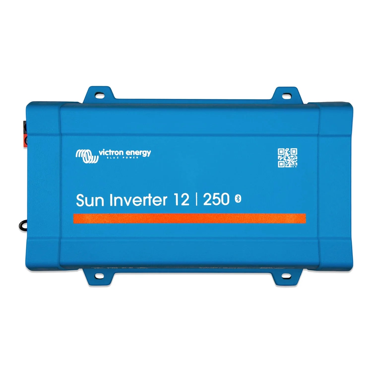 Victron Energy Sun Inverter 12/250 blue rectangular device with mounting brackets and QR code label.