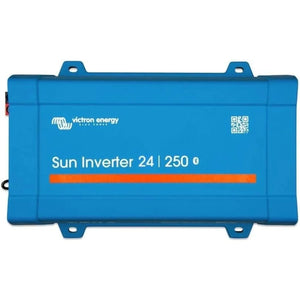 Blue Victron Energy Sun Inverter 24/250 device with mounting brackets and QR code label on front.