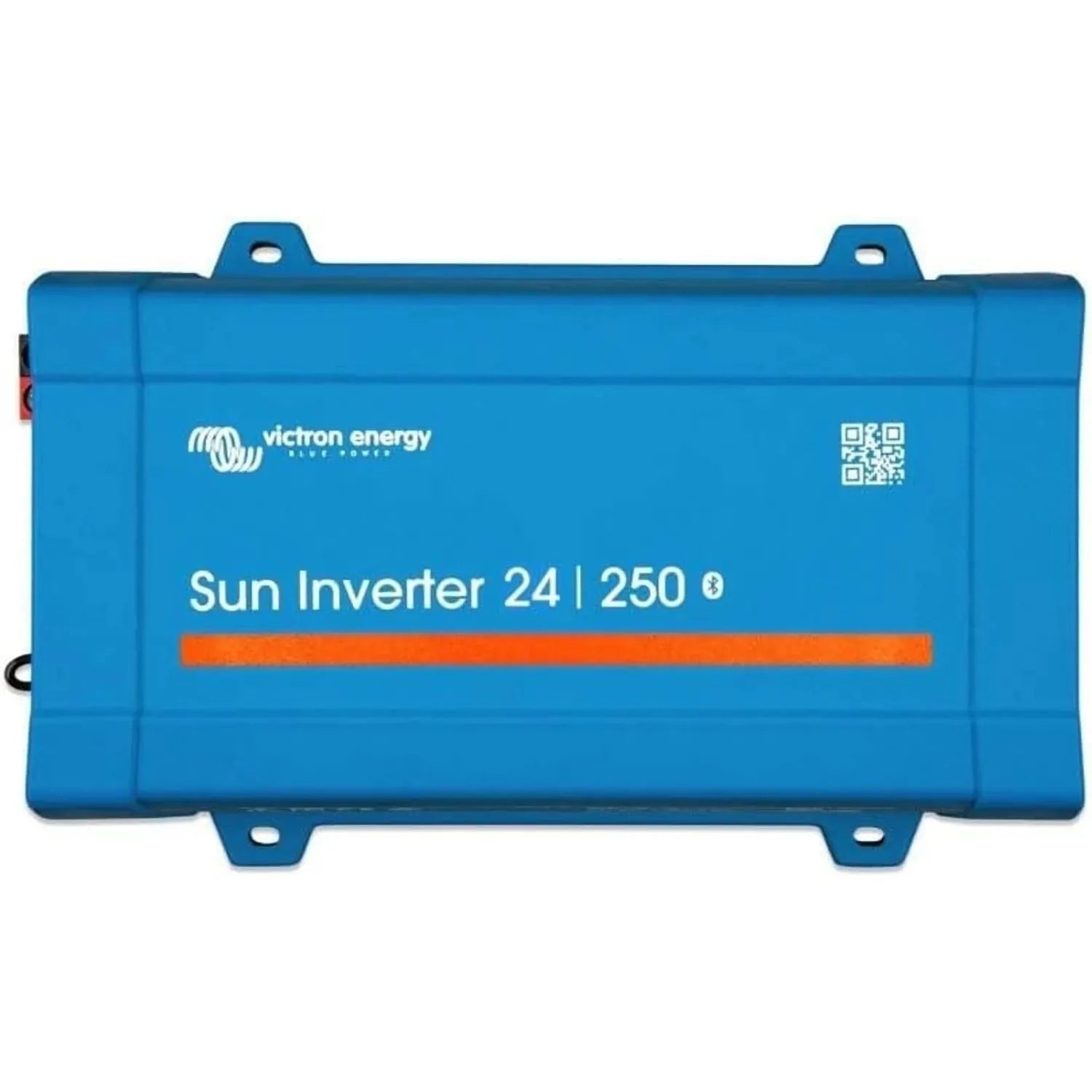 Blue Victron Energy Sun Inverter 24/250 device with mounting brackets and QR code label on front.