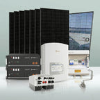 Complete 6kW hybrid solar system with black panels, dual inverters, white battery storage unit, white charge controller, and 