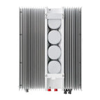 Top-down view of hybrid solar inverter with large aluminum heatsinks on sides, four circular cooling fans in center column, a
