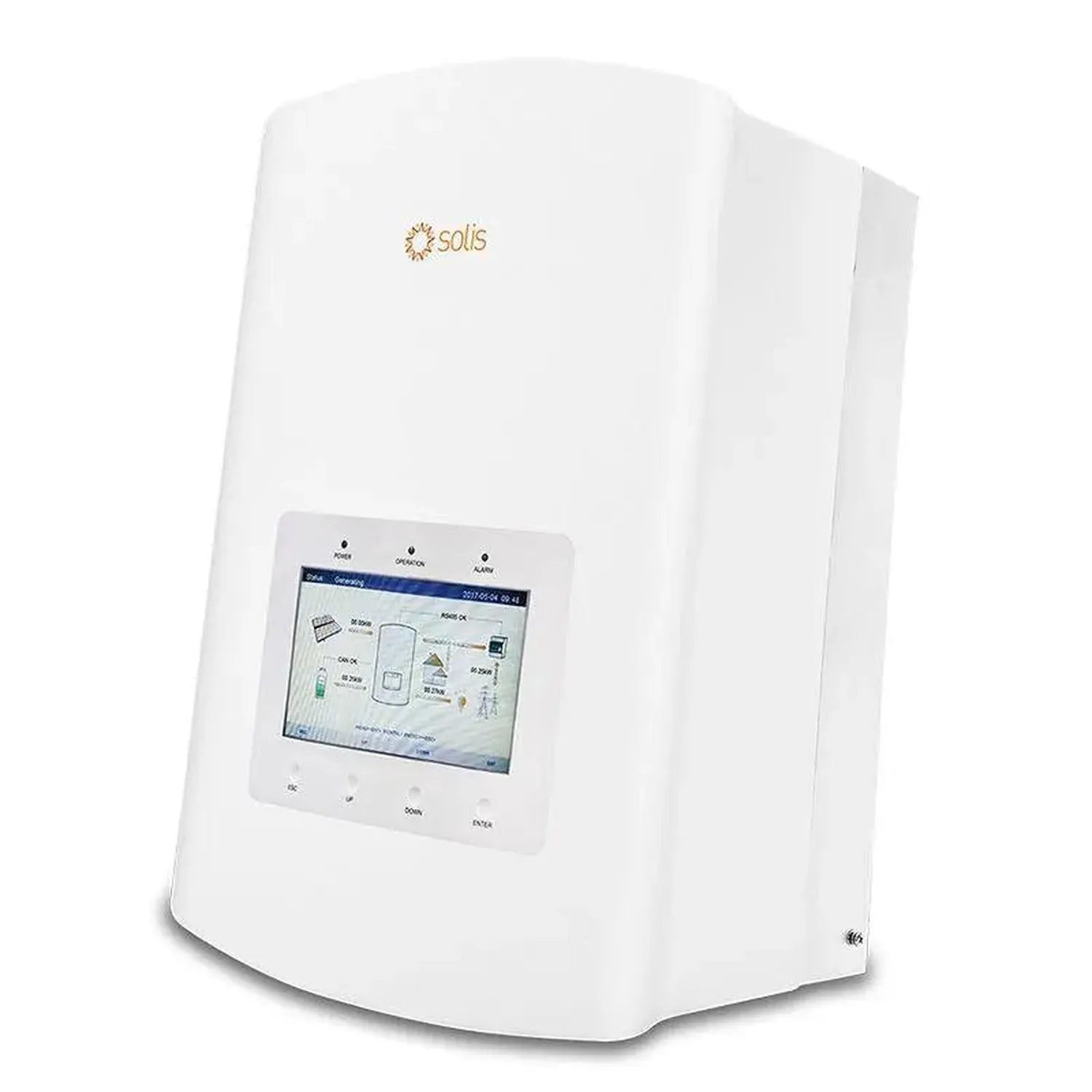 Solis white hybrid solar inverter with touchscreen display showing system schematic diagram